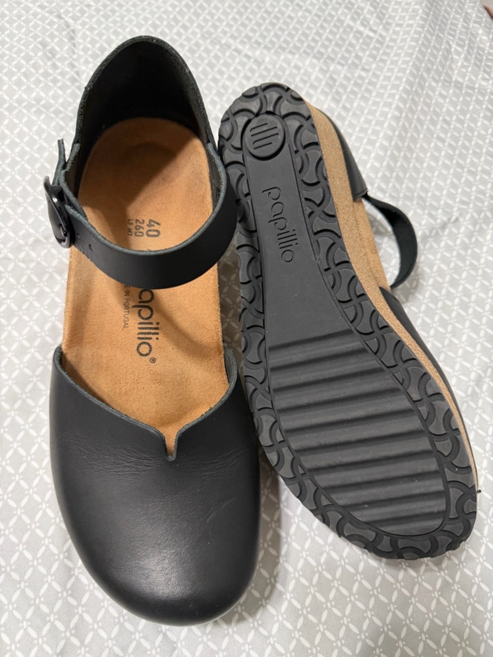 Papillio Black Leather Mary Jane Clog Sandals